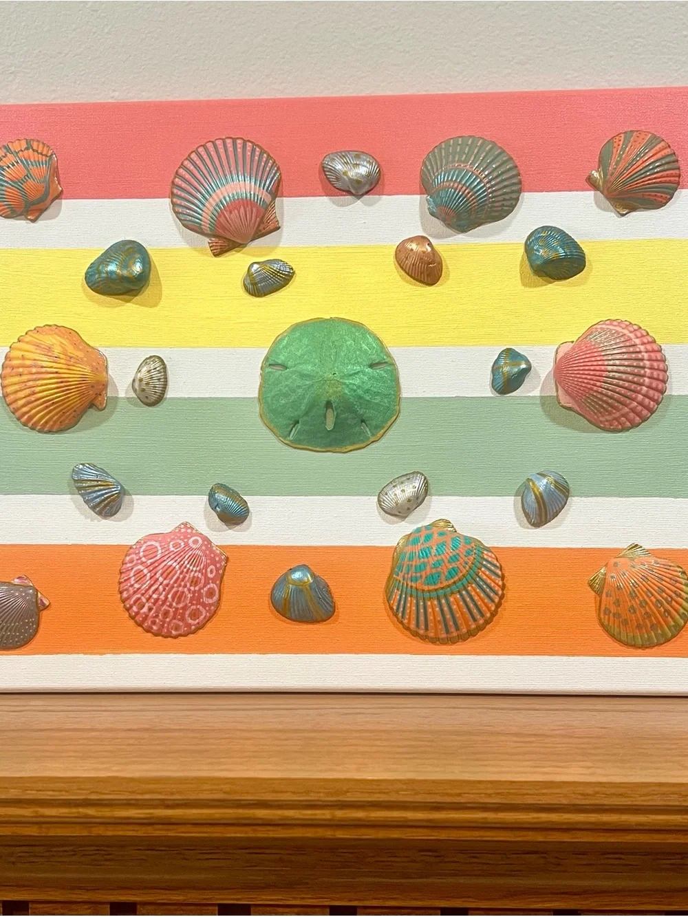 Seashell Wall Art Canvas in Green, Coral & Yellow - Coastal Stripe Decor
